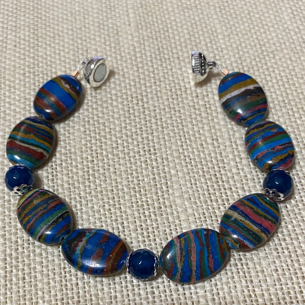 Natural genuine Rainbow Calsillica gemstone artisan Beaded 7.5” Bracelet